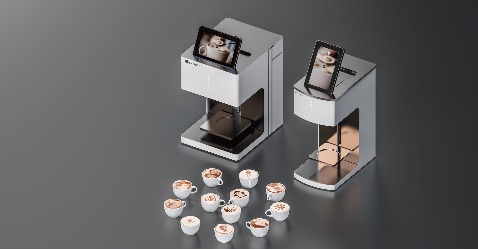 EVEBOTのコーヒープリンター。タブレットで操作し、写真やロゴをカップに印刷可能。食品安全基準準拠のインクを使用。