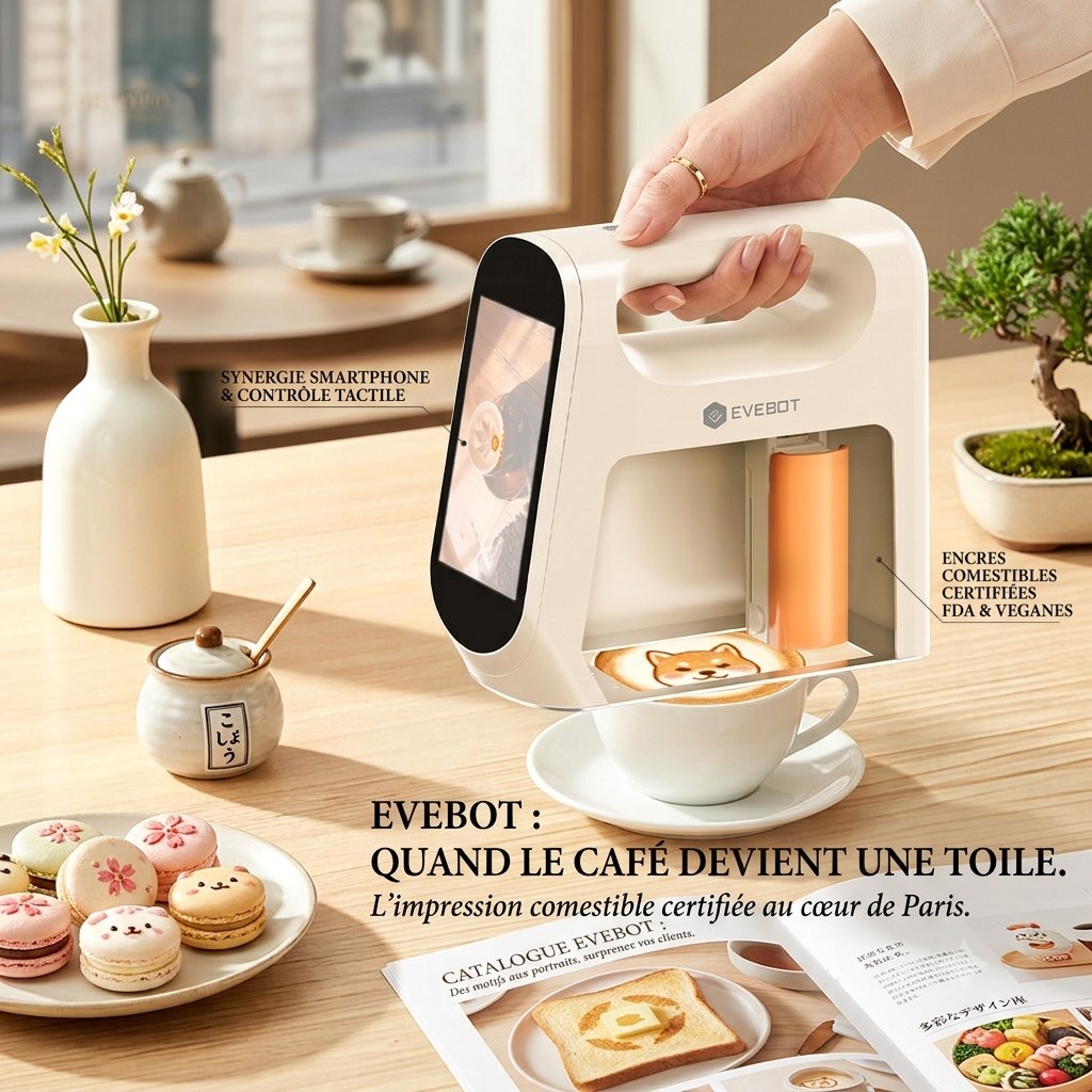 手持式食用インクプリンター「EVEBOT」でラテアートを印刷。FDA・ベジタリアン認証済みの安全な素材を使用。