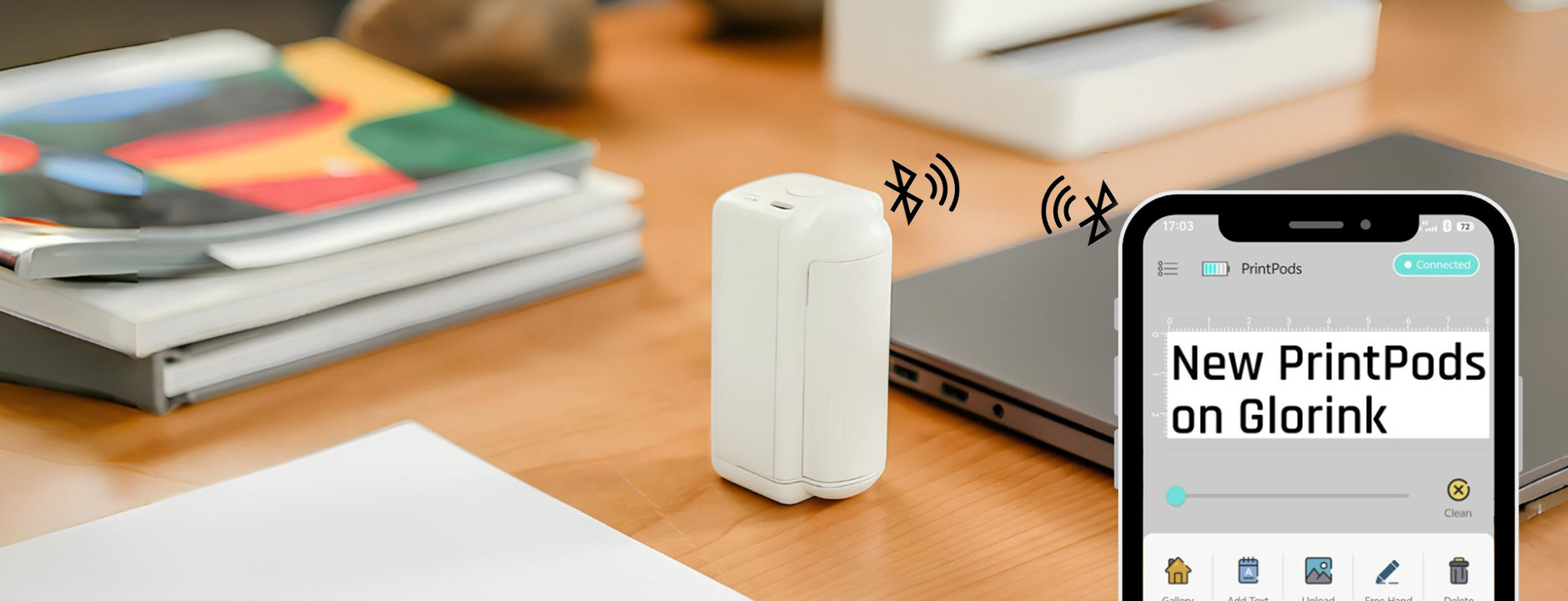 EVEBOT PrintPodsは、スマホとBluetoothで接続し、テキストや画像を印刷できる携帯型インクジェットプリンターです。オフィスや家庭で手軽にラベルやロゴを作成できます。
