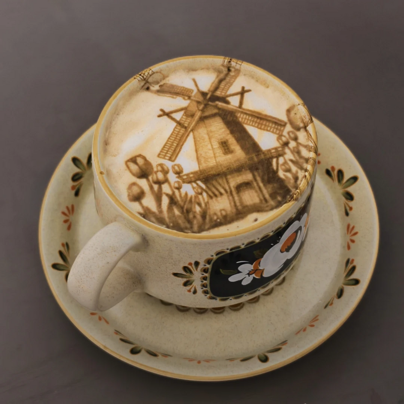 A cup of coffee with an edible ink print of a traditional Dutch windmill from Zaanse Schans on the foam.