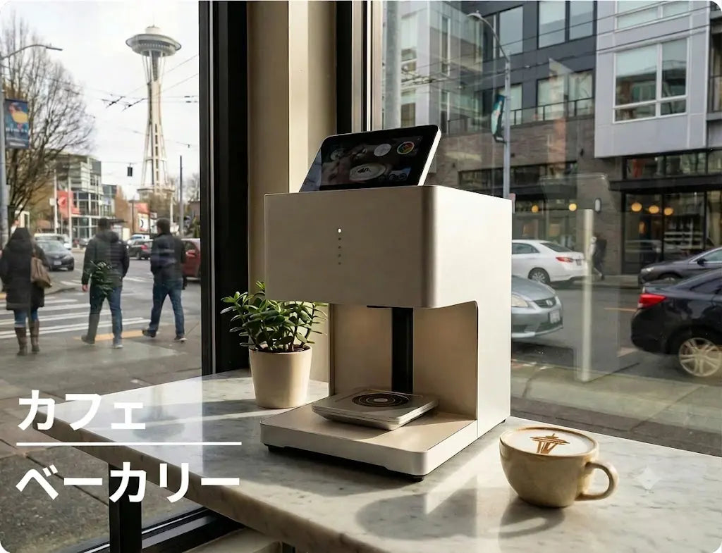 カフェ・ベーカリーの窓辺に設置されたコーヒープリンターがタッチパネル操作でラテアートを印刷し、その隣には星空モチーフのコーヒーが置かれている様子。