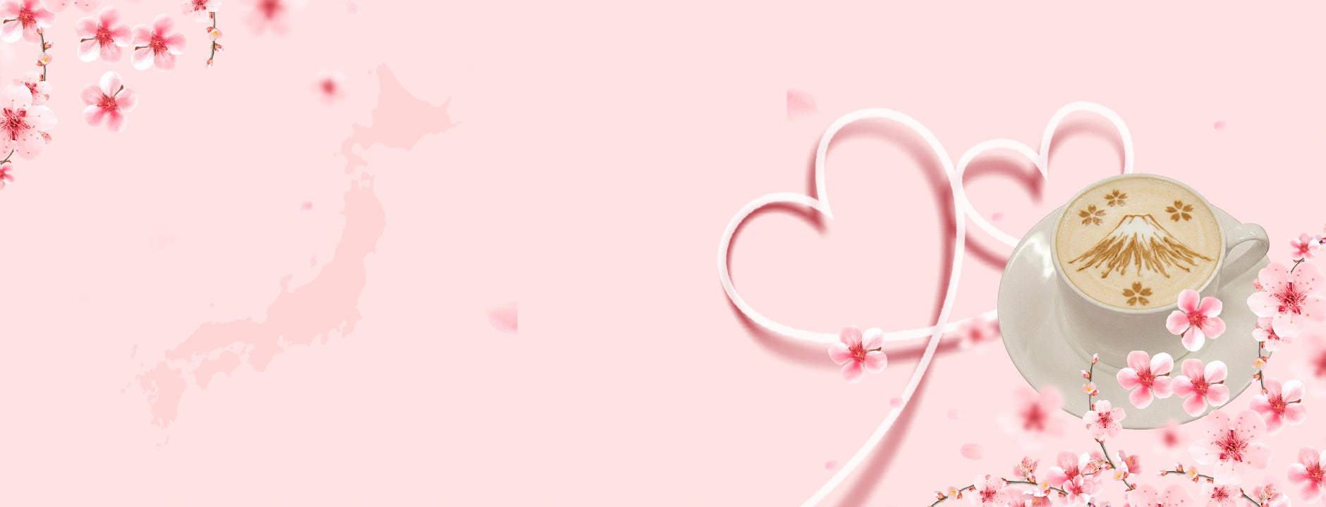 Evebot ship to Japan, cherry blossoms, a faint map of Japan, heart shapes, and a cup of latte featuring Mount Fuji latte art.